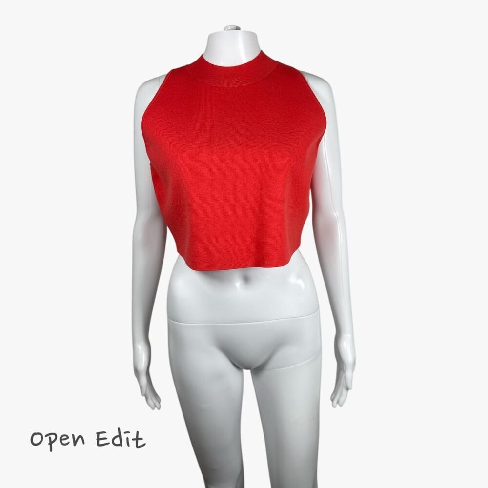 Open Edit Women's High Neck Ribbed Cropped Tank Top in Orange Size L